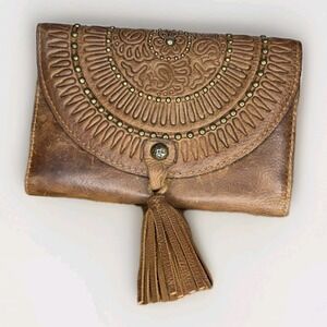 Patricia Nash Colli Brown Leather Trifold Tassel Wallet Studded Clutch